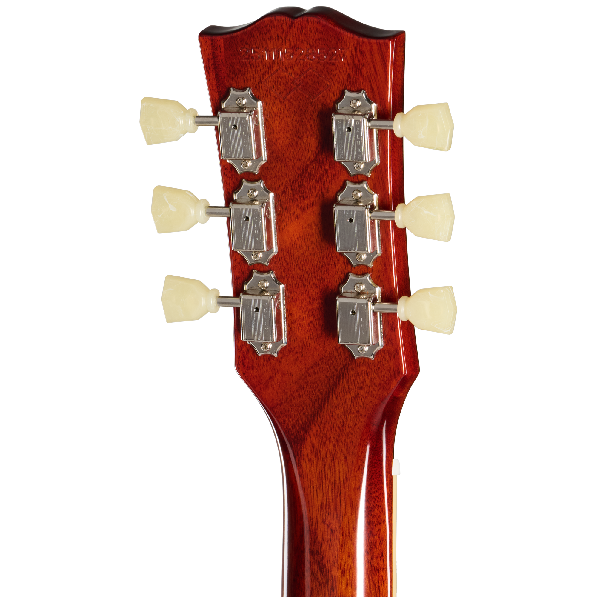 Gitarrenkopfplatte, Rötliches Holz, Sechs Stimmwirbel, Cremefarbene Knöpfe, Chrommechaniken